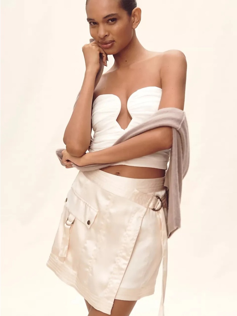 Anthropologie Silky Satin-Cream Utility Wrap Utility Skirt Belt Size 4 Small - Picture 4 of 8